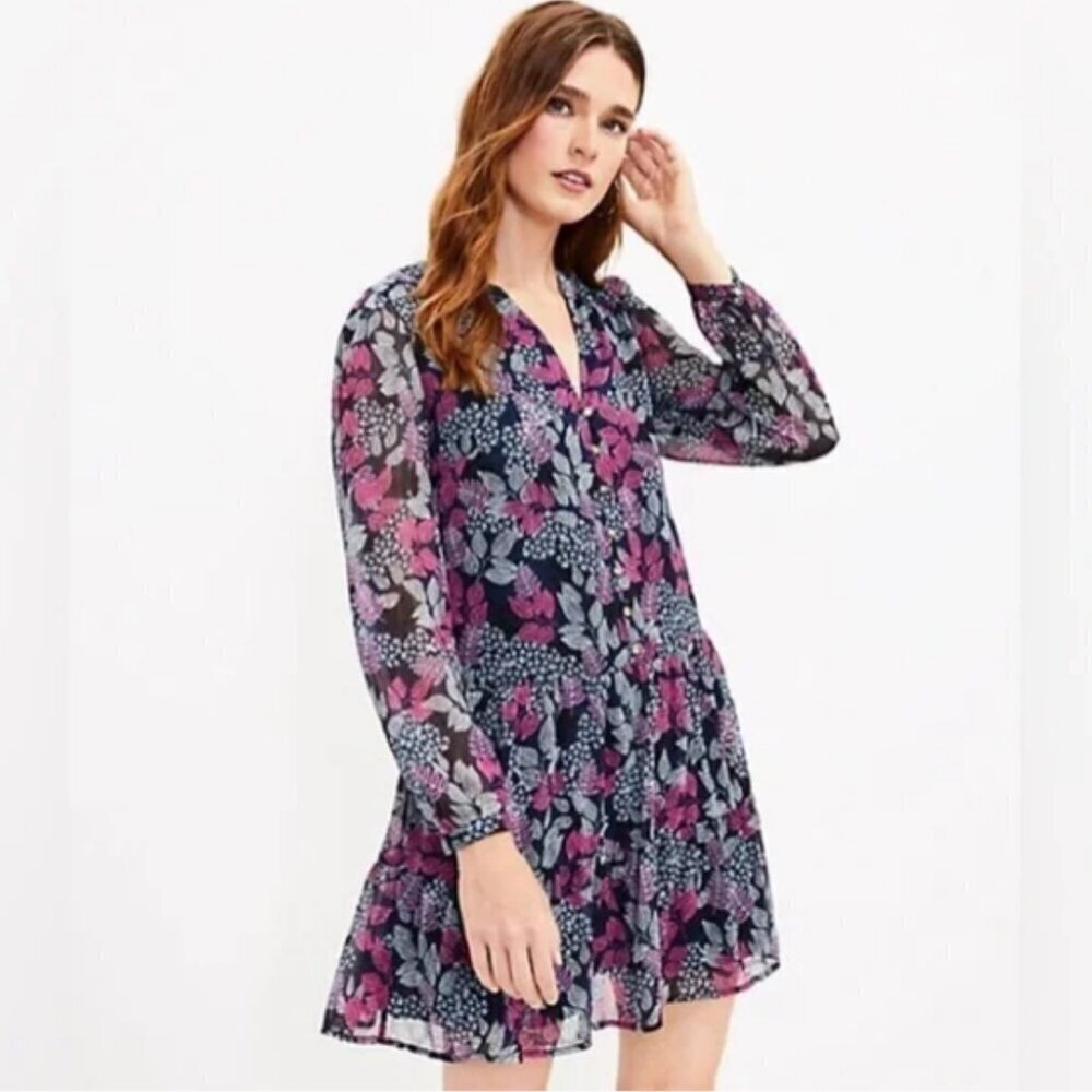 NWT Loft Leafed Flounce Shirt Dress in Navy and Pink Size M